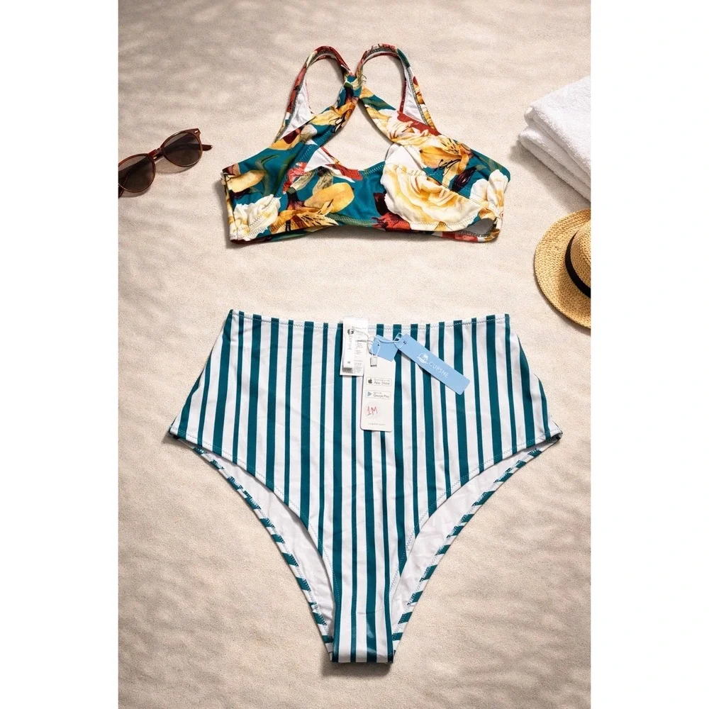 CUPSHE Floral and Stripe Knotted High Waisted Bikini | NWT - SIZE M - Picture 4 of 10